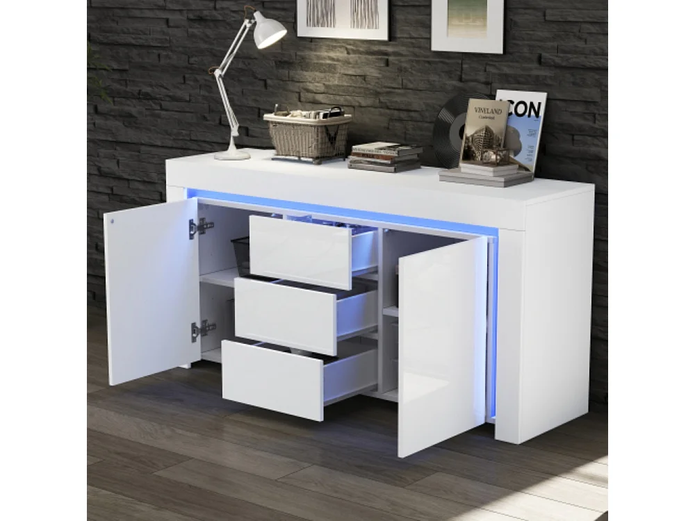 Kommode mit 3 Schubladen,2 Türen, Hochglanz Beistellschrank mit LED-Lichtleiste,Sideboard mit Stauraum,für Flure, Wohnzimmer 140*40*65cm