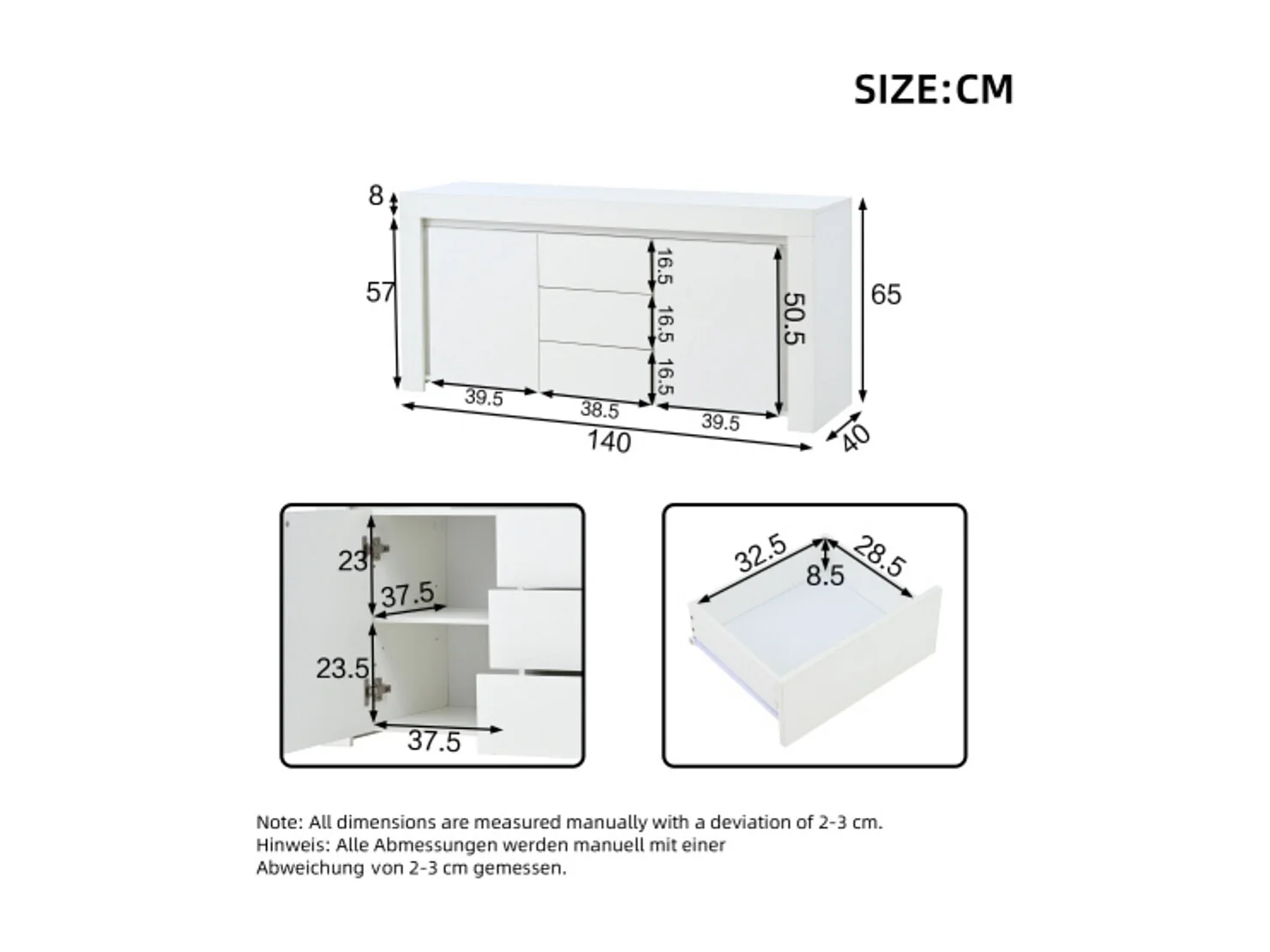 Kommode mit 3 Schubladen,2 Türen, Hochglanz Beistellschrank mit LED-Lichtleiste,Sideboard mit Stauraum,für Flure, Wohnzimmer 140*40*65cm