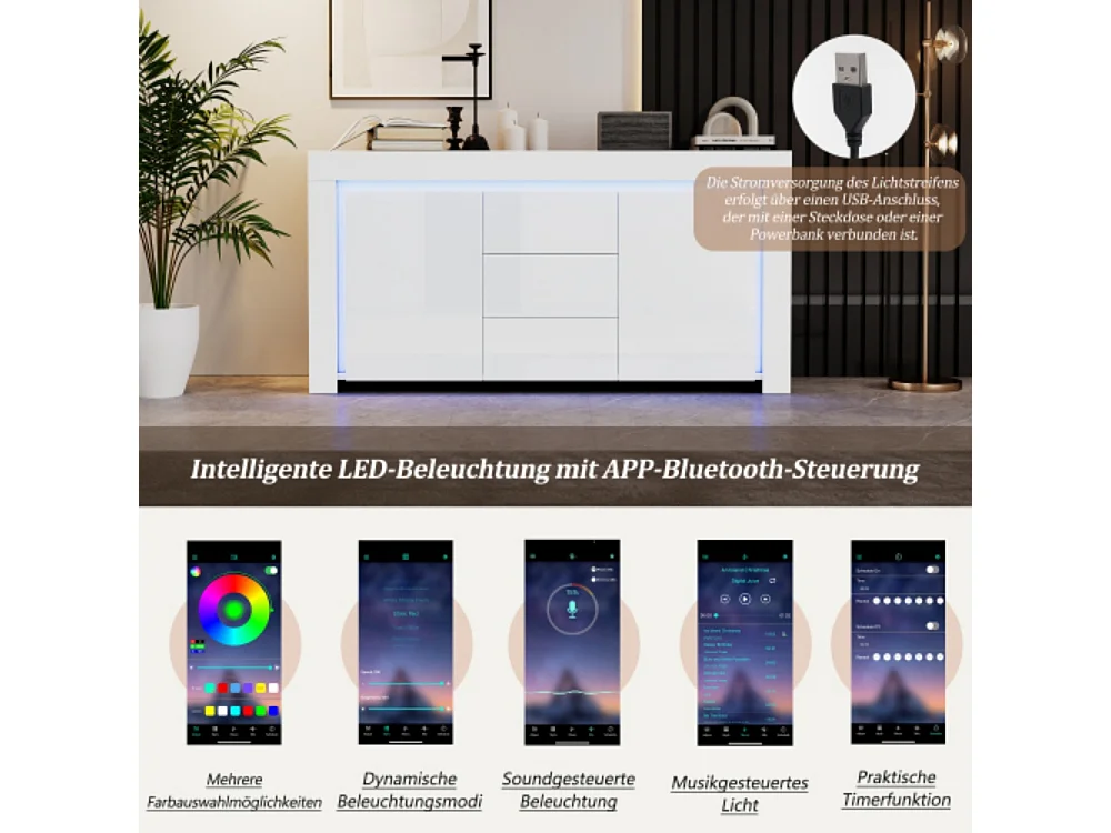 Kommode mit 3 Schubladen,2 Türen, Hochglanz Beistellschrank mit LED-Lichtleiste,Sideboard mit Stauraum,für Flure, Wohnzimmer 140*40*65cm