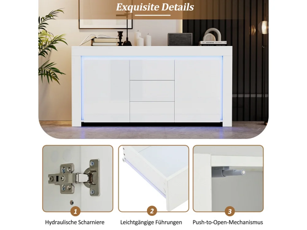 Kommode mit 3 Schubladen,2 Türen, Hochglanz Beistellschrank mit LED-Lichtleiste,Sideboard mit Stauraum,für Flure, Wohnzimmer 140*40*65cm