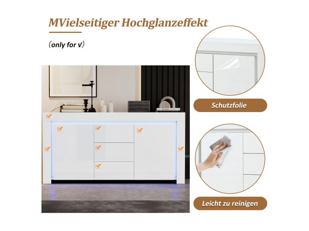Kommode mit 3 Schubladen,2 Türen, Hochglanz Beistellschrank mit LED-Lichtleiste,Sideboard mit Stauraum,für Flure, Wohnzimmer 140*40*65cm