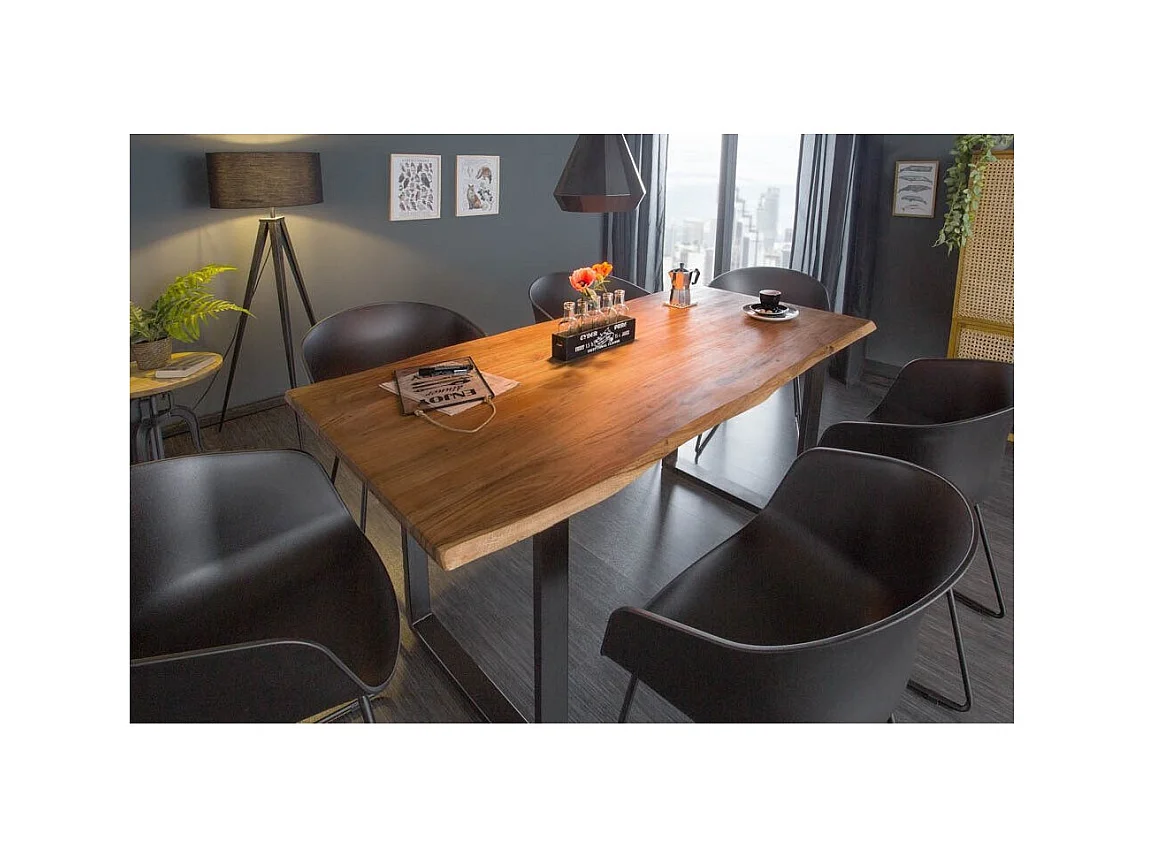 Table de salle à manger ARKAYA 140 cm – Plateau en bois massif d'acacia verni et pieds en U métal noir – Style industriel