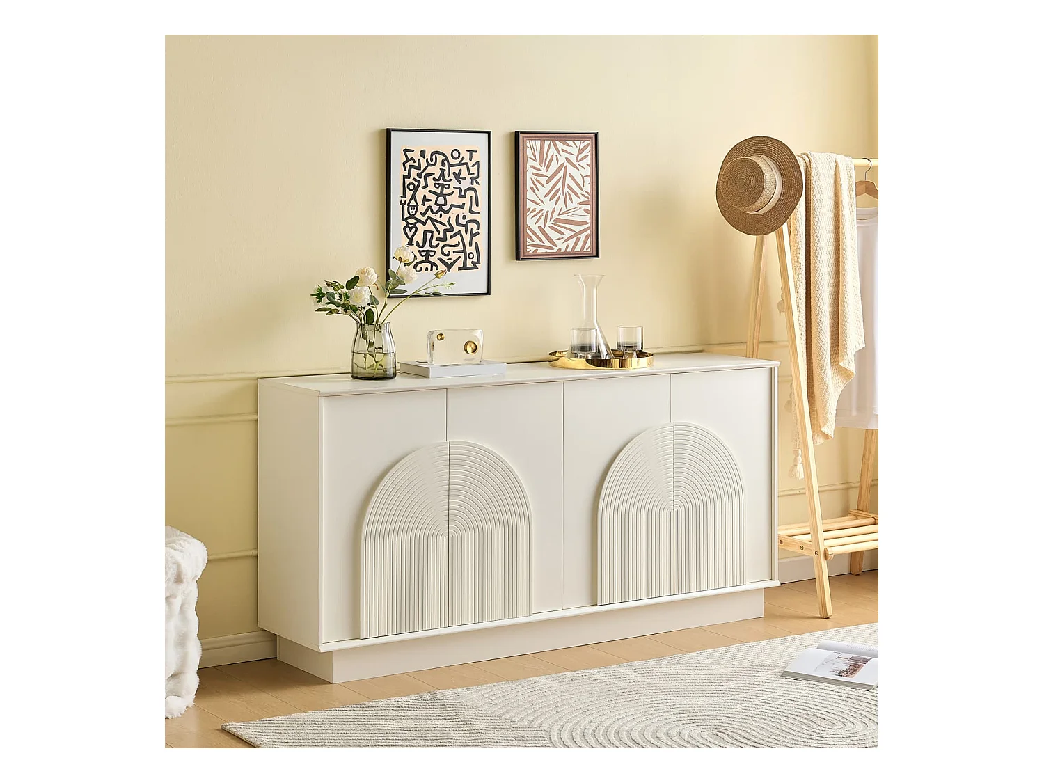 Moderner weißer Sideboard mit gewölbten Türen–4-Türiger Aufbewahrungsschrank,MDF-Konstruktion mit matter Oberfläche,funktionale Aufbewahrungslösung