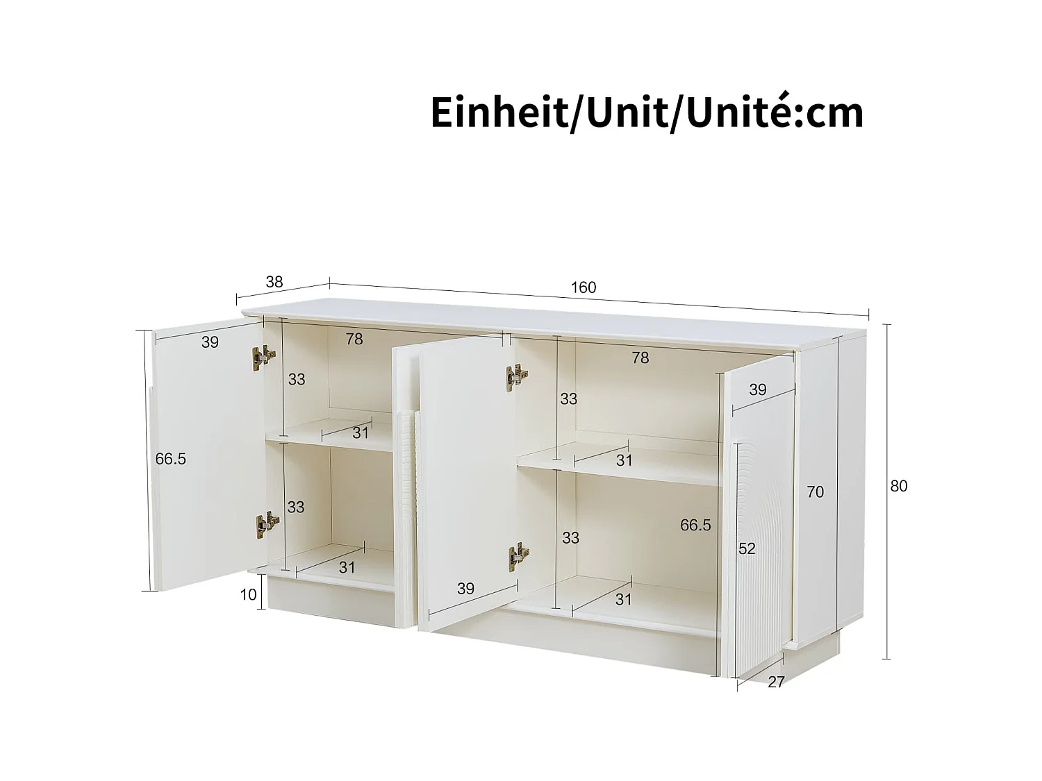 Moderner weißer Sideboard mit gewölbten Türen–4-Türiger Aufbewahrungsschrank,MDF-Konstruktion mit matter Oberfläche,funktionale Aufbewahrungslösung