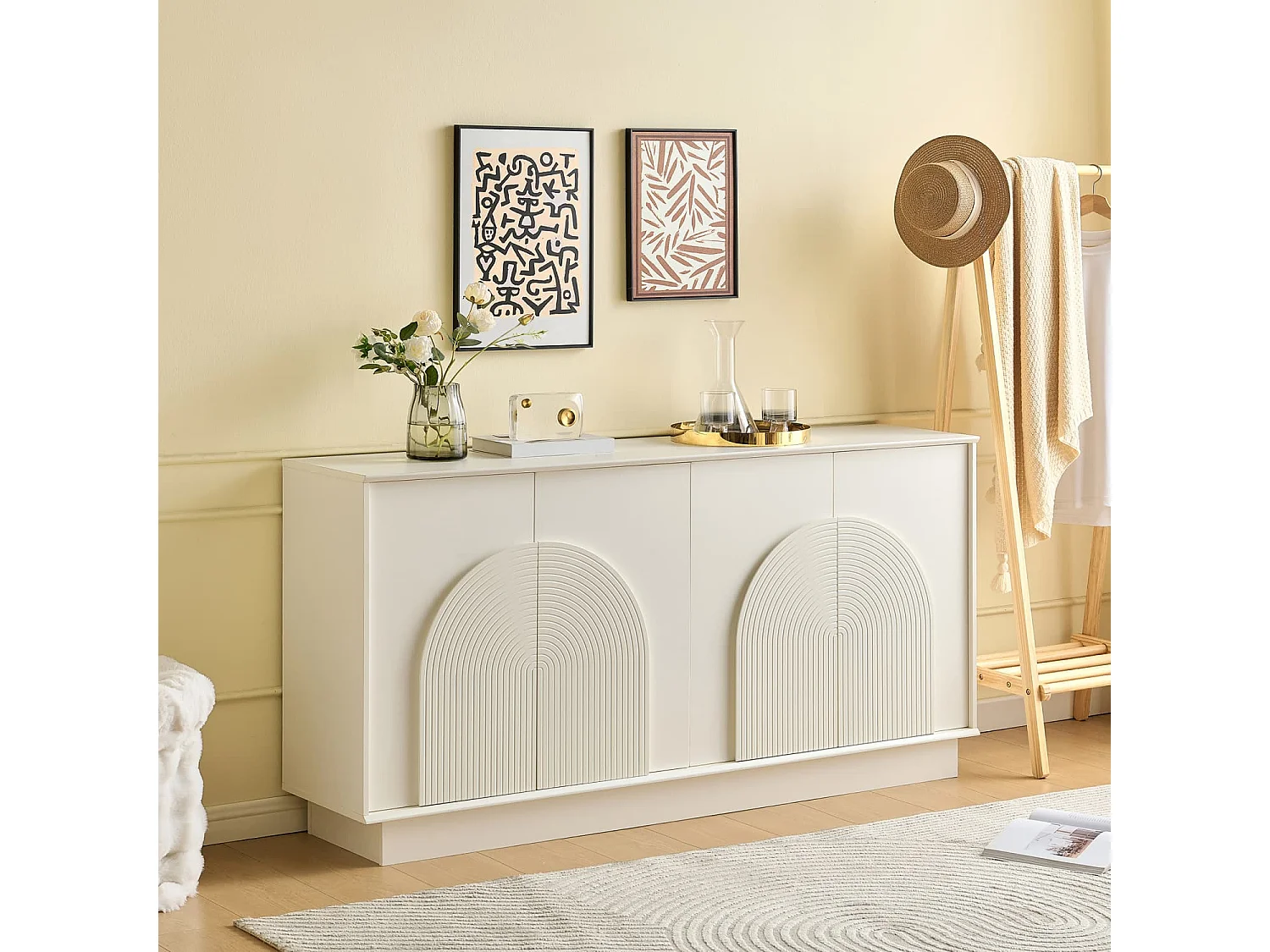 Moderner weißer Sideboard mit gewölbten Türen–4-Türiger Aufbewahrungsschrank,MDF-Konstruktion mit matter Oberfläche,funktionale Aufbewahrungslösung