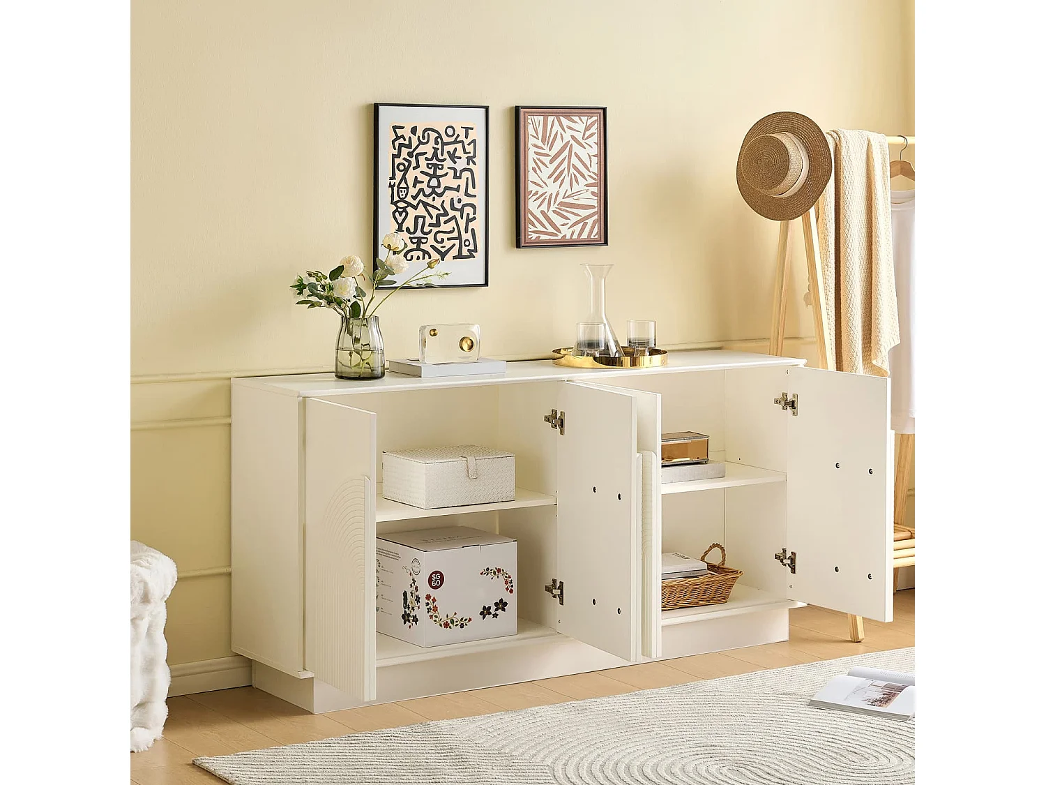 Moderner weißer Sideboard mit gewölbten Türen–4-Türiger Aufbewahrungsschrank,MDF-Konstruktion mit matter Oberfläche,funktionale Aufbewahrungslösung