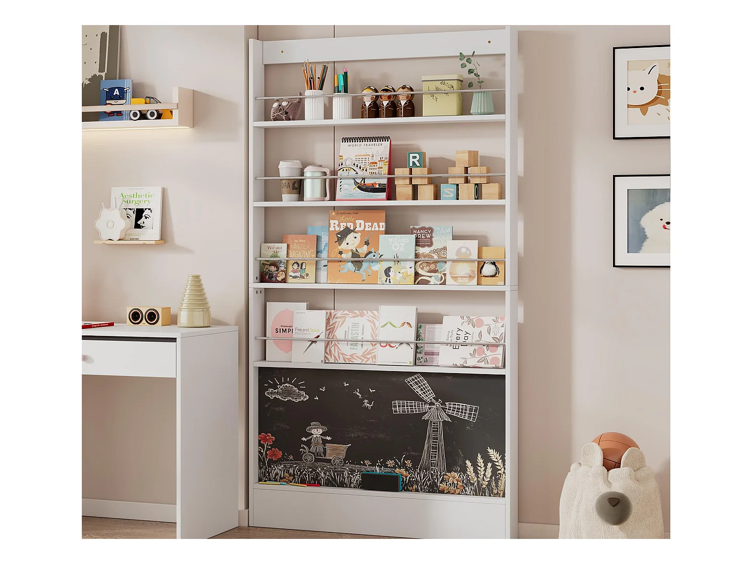 Bibliothèque enfant 100x10x180 cm - étagères de rangement à 4 niveaux - avec tableau noir - blanc