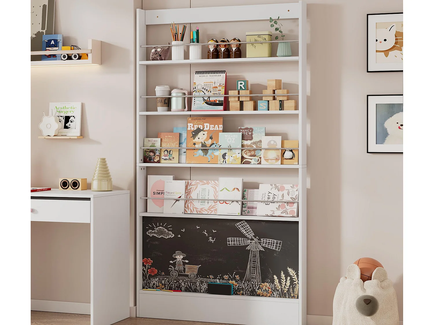 Bibliothèque enfant 100x10x180 cm - étagères de rangement à 4 niveaux - avec tableau noir - blanc