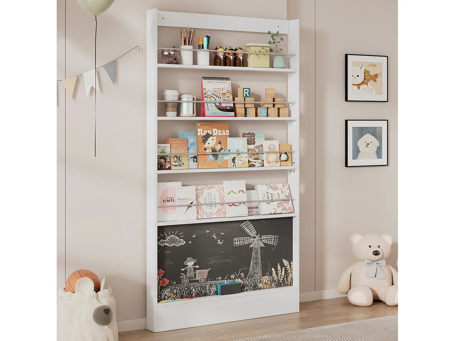 Bibliothèque enfant 100x10x180 cm - étagères de rangement à 4 niveaux - avec tableau noir - blanc