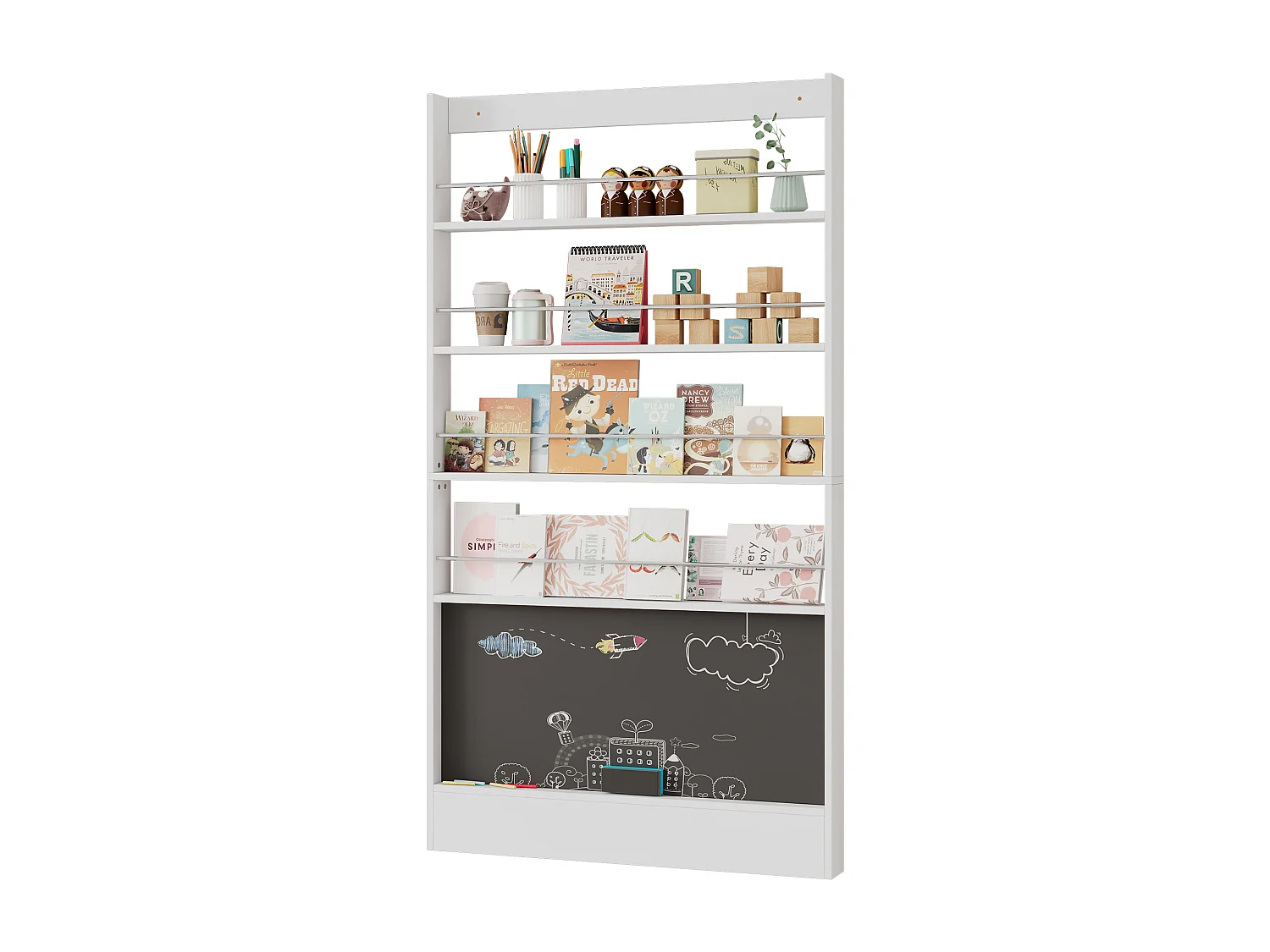 Bibliothèque enfant 100x10x180 cm - étagères de rangement à 4 niveaux - avec tableau noir - blanc