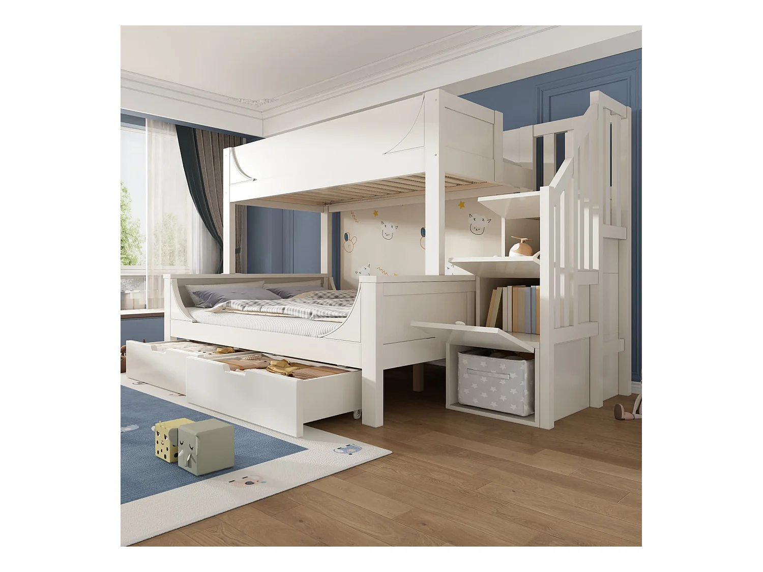 Kinderbett Etagenbett mit Leiterschrank+Schubladen,Elegante Schlittenform Design,Holzbett mit Rausfallschutz und Lattenrost,90x200cm+140x200cm