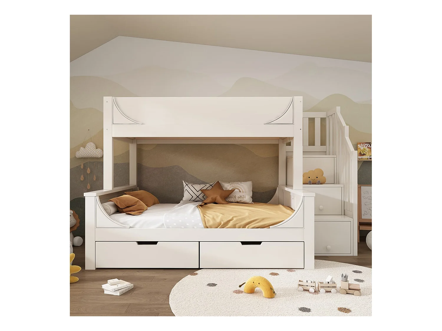 Kinderbett Etagenbett mit Leiterschrank+Schubladen,Elegante Schlittenform Design,Holzbett mit Rausfallschutz und Lattenrost,90x200cm+140x200cm