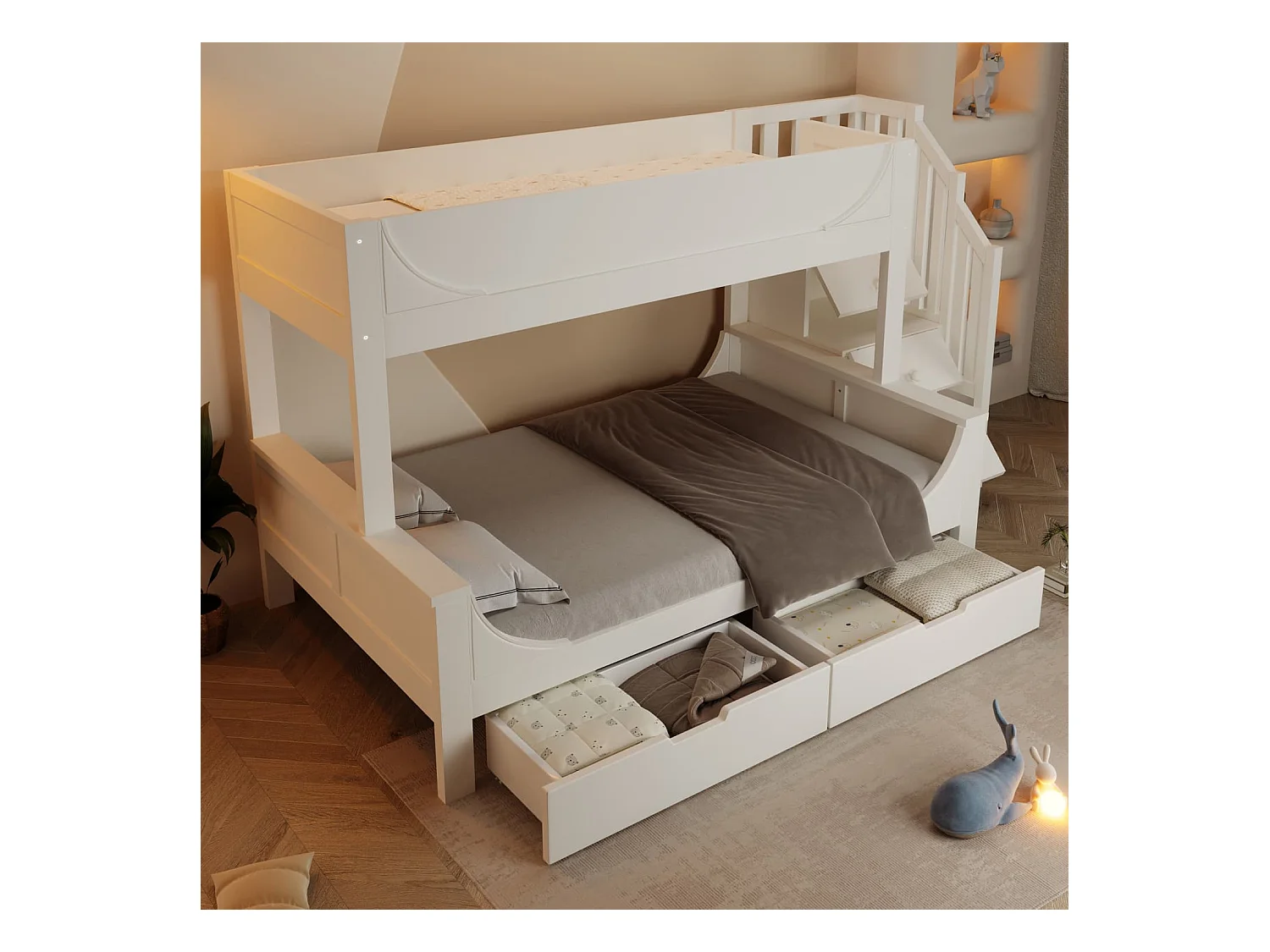 Kinderbett Etagenbett mit Leiterschrank+Schubladen,Elegante Schlittenform Design,Holzbett mit Rausfallschutz und Lattenrost,90x200cm+140x200cm