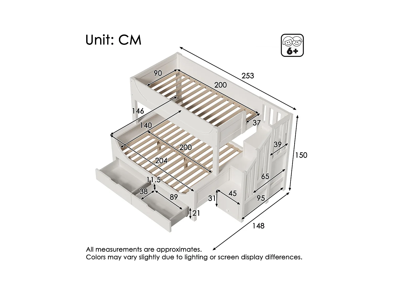 Kinderbett Etagenbett mit Leiterschrank+Schubladen,Elegante Schlittenform Design,Holzbett mit Rausfallschutz und Lattenrost,90x200cm+140x200cm