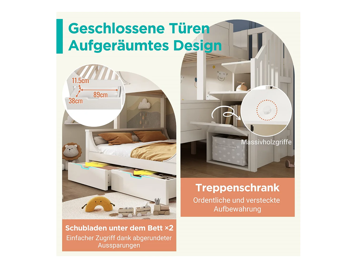 Kinderbett Etagenbett mit Leiterschrank+Schubladen,Elegante Schlittenform Design,Holzbett mit Rausfallschutz und Lattenrost,90x200cm+140x200cm