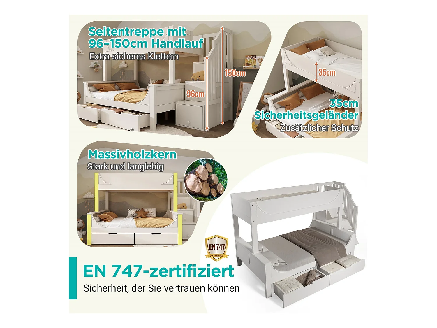 Kinderbett Etagenbett mit Leiterschrank+Schubladen,Elegante Schlittenform Design,Holzbett mit Rausfallschutz und Lattenrost,90x200cm+140x200cm