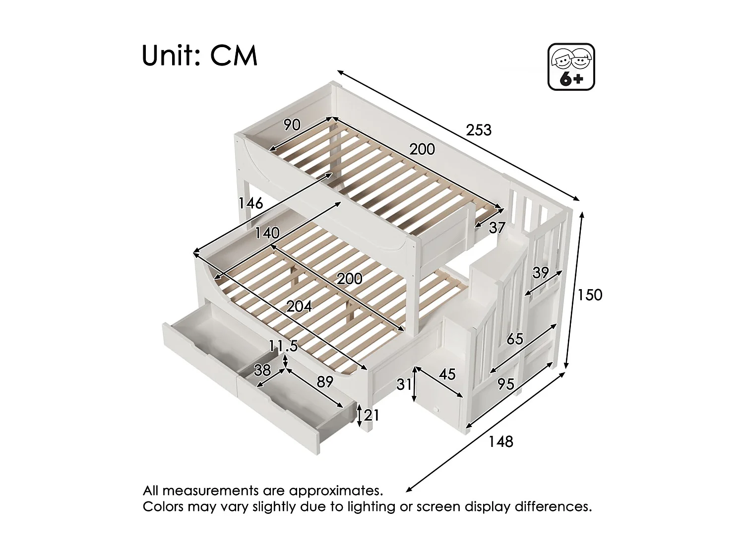 Kinderbett Etagenbett mit Leiterschrank+Schubladen,Elegante Schlittenform Design,Holzbett mit Rausfallschutz und Lattenrost,90x200cm+140x200cm