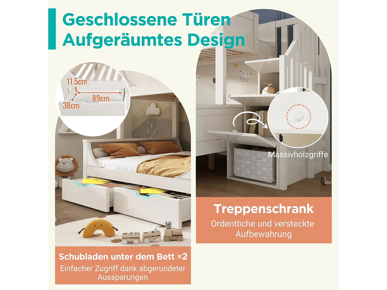 Kinderbett Etagenbett mit Leiterschrank+Schubladen,Elegante Schlittenform Design,Holzbett mit Rausfallschutz und Lattenrost,90x200cm+140x200cm
