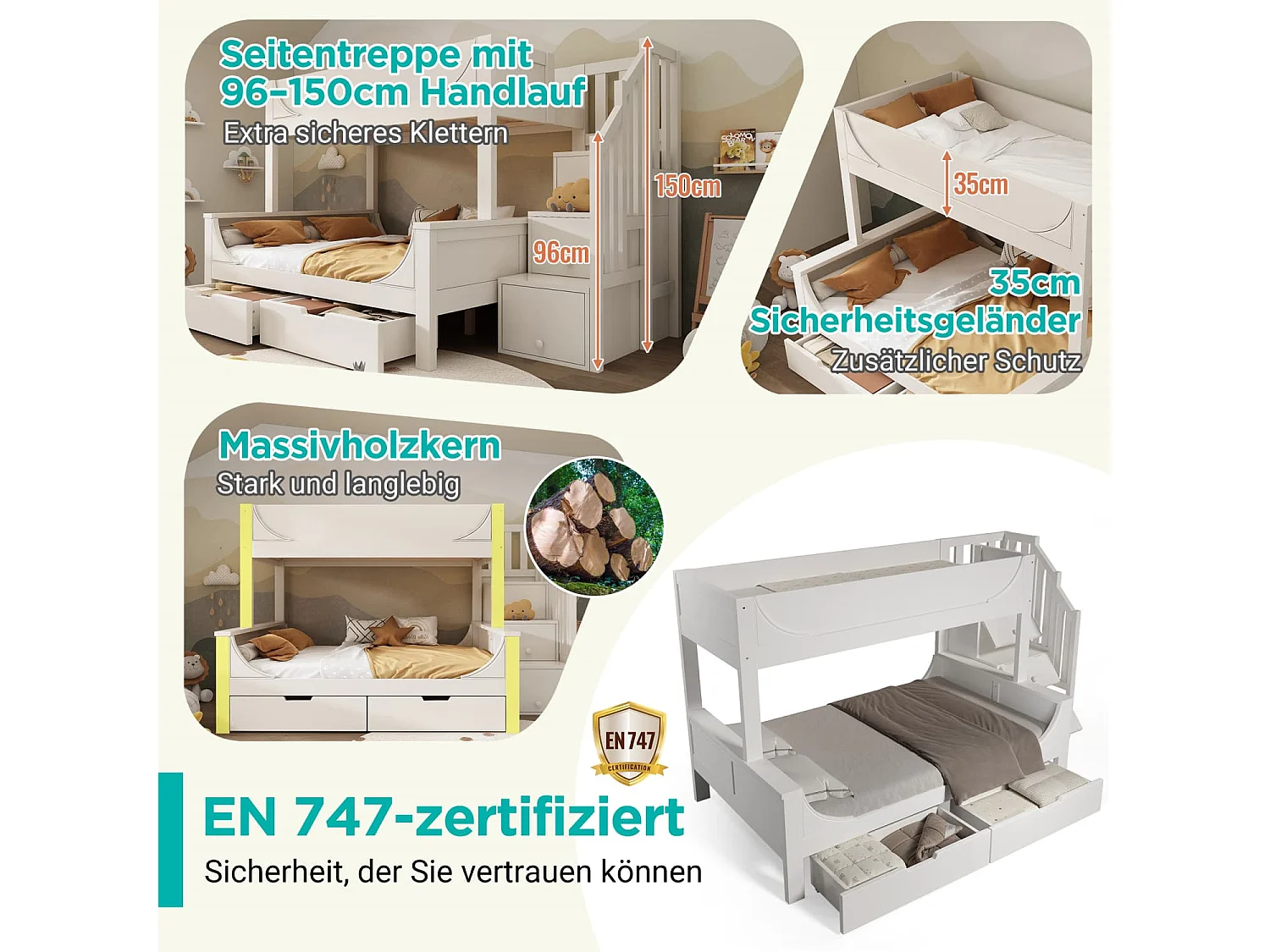 Kinderbett Etagenbett mit Leiterschrank+Schubladen,Elegante Schlittenform Design,Holzbett mit Rausfallschutz und Lattenrost,90x200cm+140x200cm
