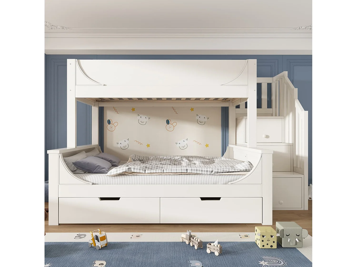 Kinderbett Etagenbett mit Leiterschrank+Schubladen,Elegante Schlittenform Design,Holzbett mit Rausfallschutz und Lattenrost,90x200cm+140x200cm