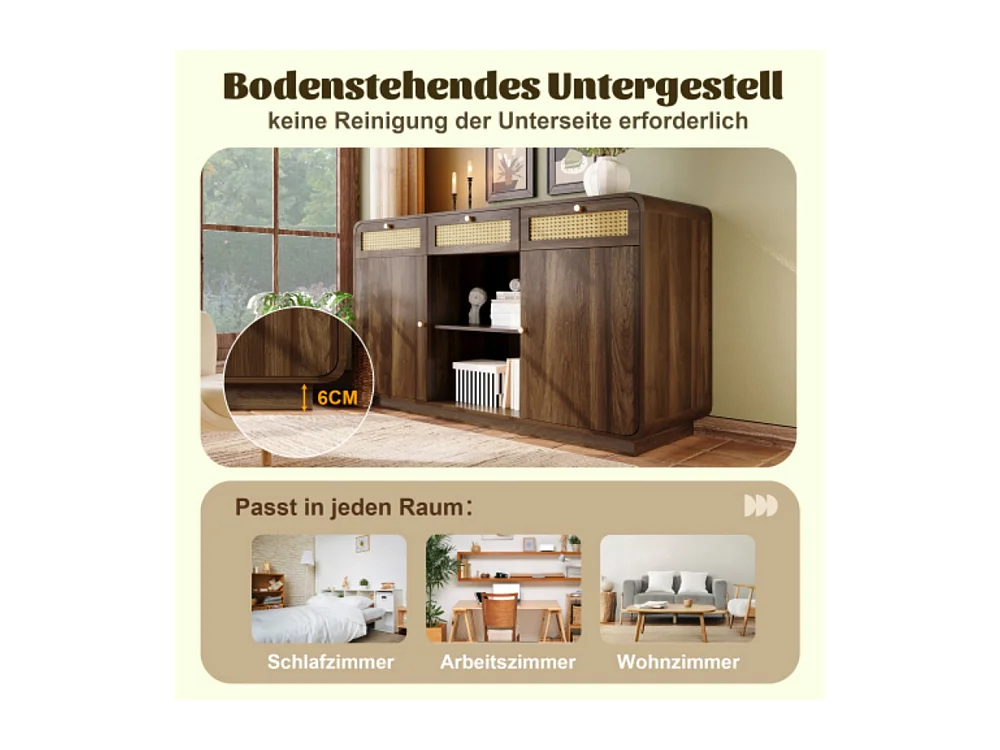 Kommode, Sideboard, Schubladenschrank 3 Schubladen + 2 Schränke + offenes Regal, Höhenverstellbare Einlegeböden, H85/B120/T40 cm