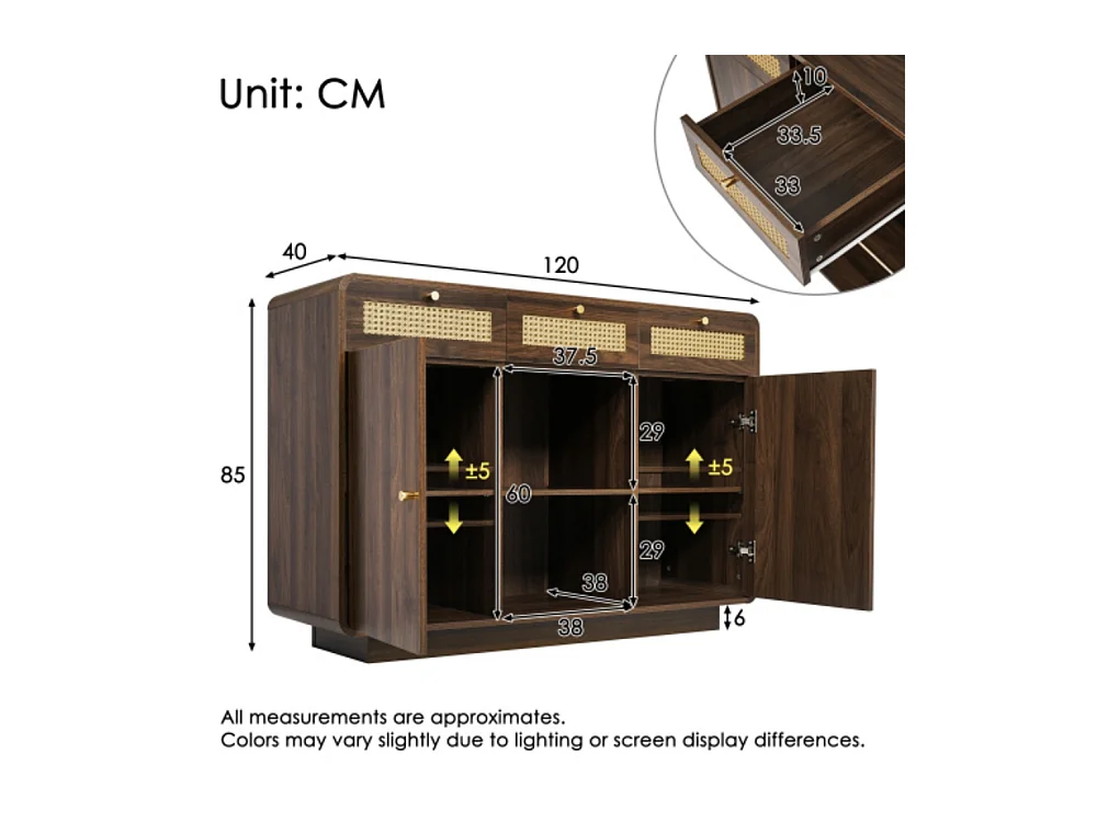 Kommode, Sideboard, Schubladenschrank 3 Schubladen + 2 Schränke + offenes Regal, Höhenverstellbare Einlegeböden, H85/B120/T40 cm