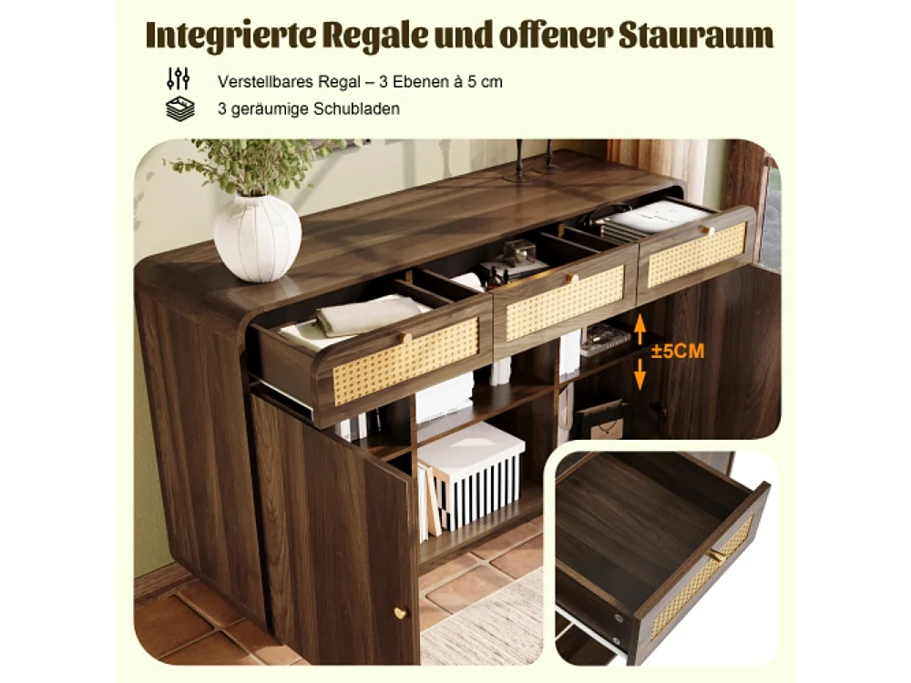 Kommode, Sideboard, Schubladenschrank 3 Schubladen + 2 Schränke + offenes Regal, Höhenverstellbare Einlegeböden, H85/B120/T40 cm