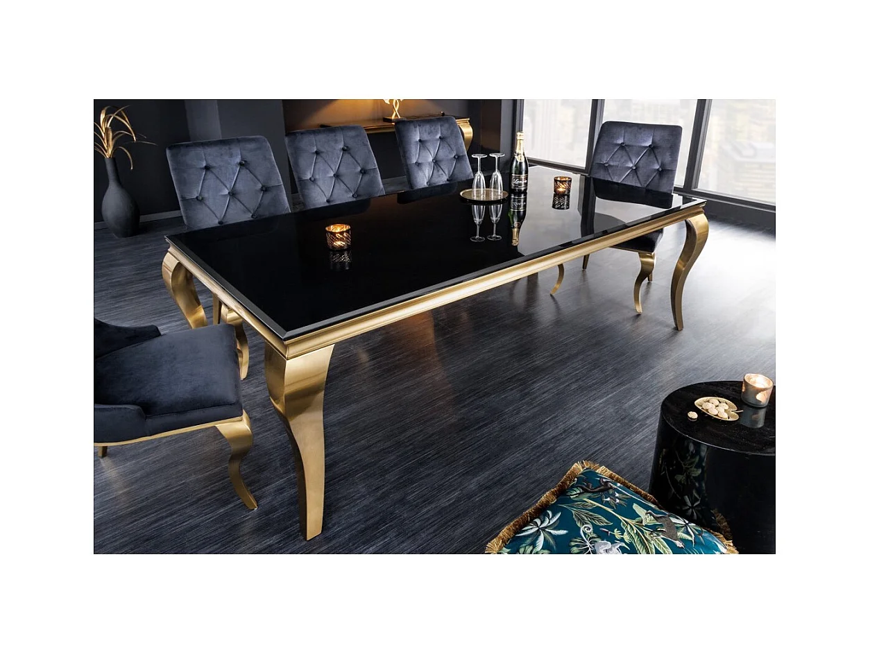 Table VELENA 200 cm – Plateau en verre noir et structure en acier doré – Élégance baroque et design raffiné