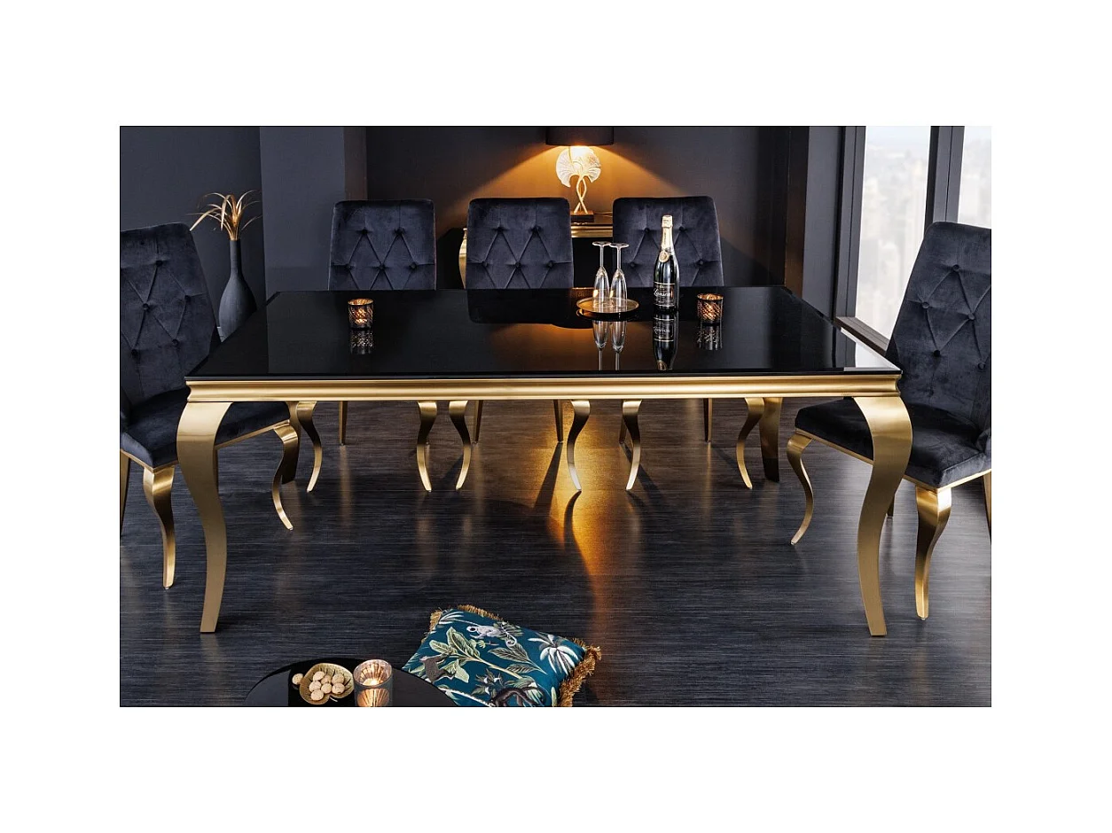 Table VELENA 200 cm – Plateau en verre noir et structure en acier doré – Élégance baroque et design raffiné