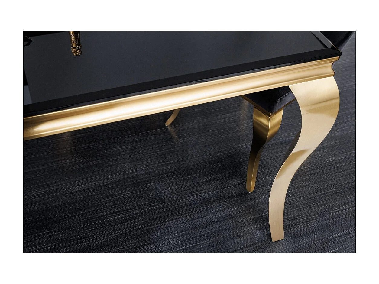Table VELENA 200 cm – Plateau en verre noir et structure en acier doré – Élégance baroque et design raffiné
