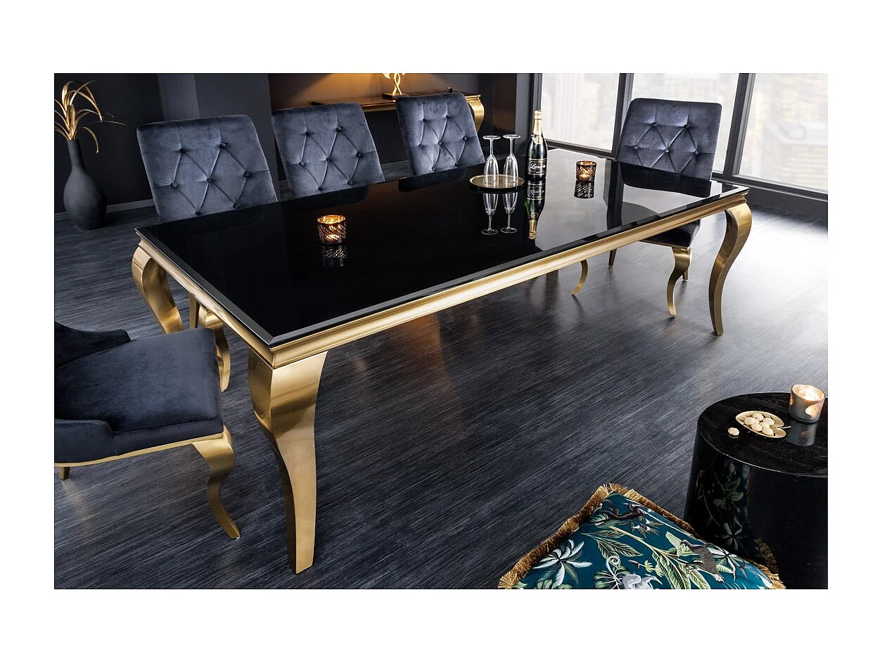 Table VELENA 200 cm – Plateau en verre noir et structure en acier doré – Élégance baroque et design raffiné