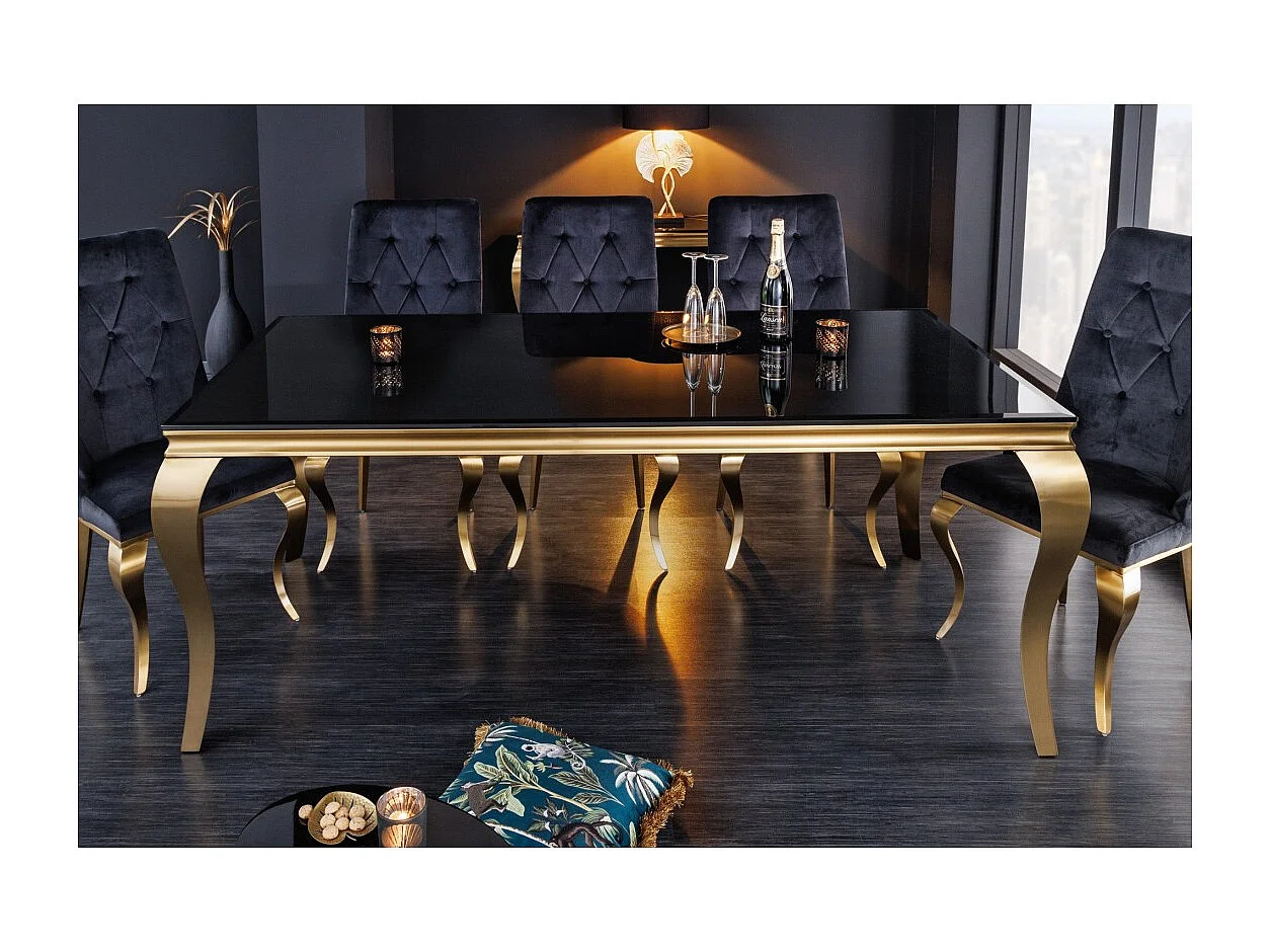 Table VELENA 200 cm – Plateau en verre noir et structure en acier doré – Élégance baroque et design raffiné