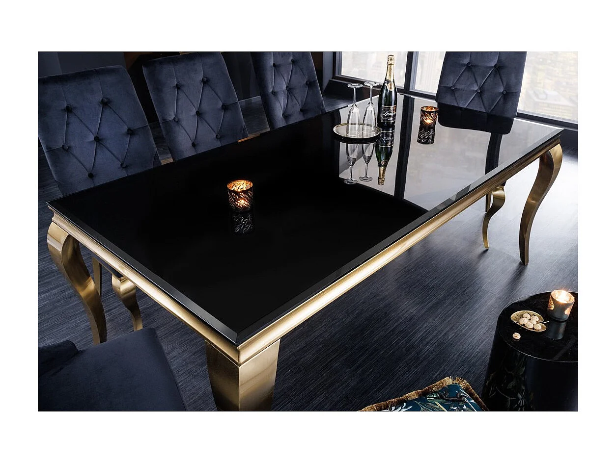 Table VELENA 200 cm – Plateau en verre noir et structure en acier doré – Élégance baroque et design raffiné