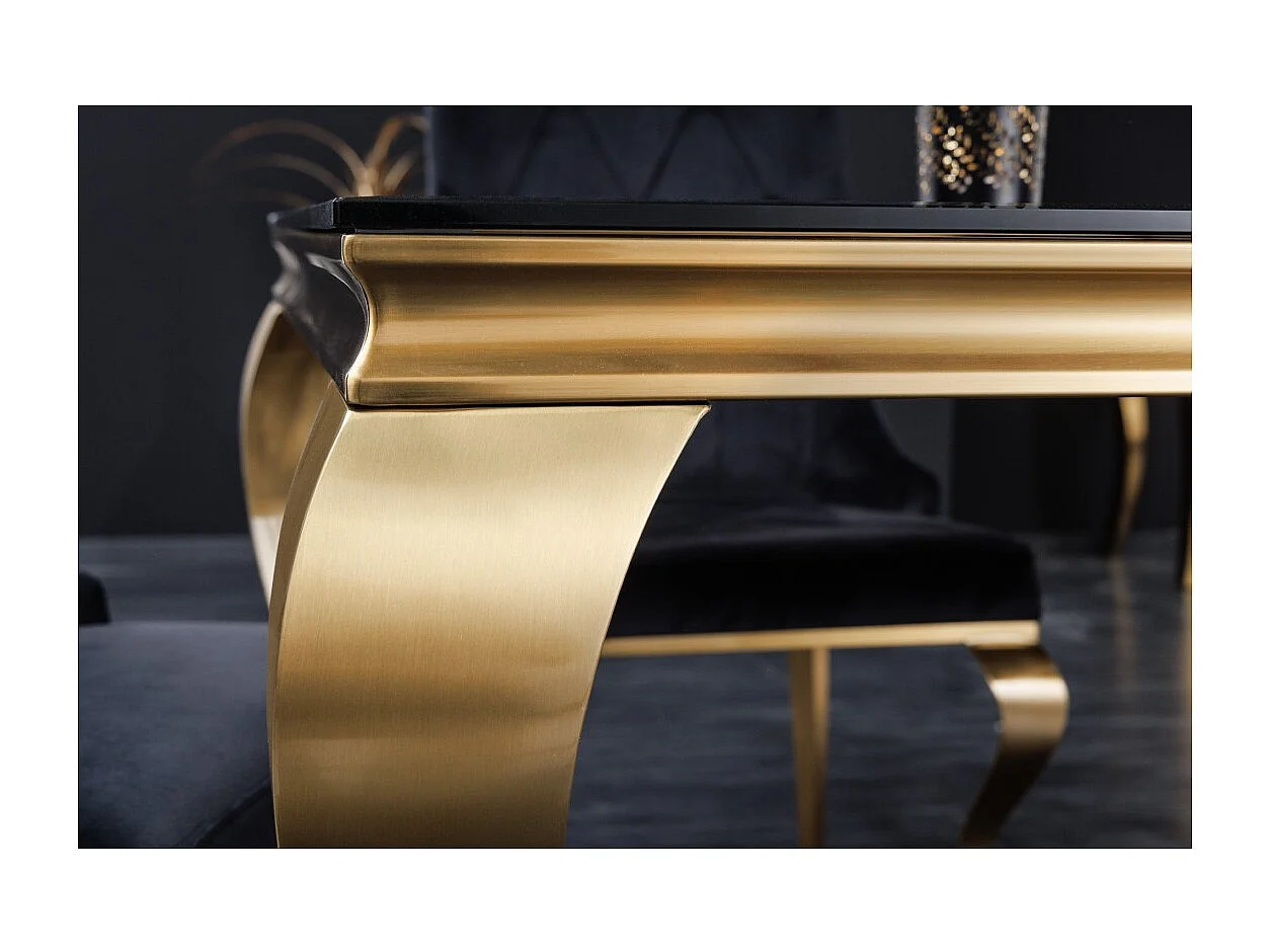 Table VELENA 200 cm – Plateau en verre noir et structure en acier doré – Élégance baroque et design raffiné