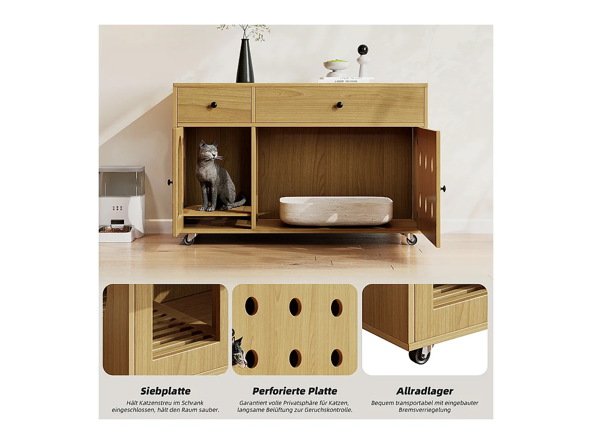 Katzenkloschrank mit abnehmbare Sandablassplatte Haustier-Schrank Katzenschrank Katzenhaus 100×45×66 cm Naturholzfarbe