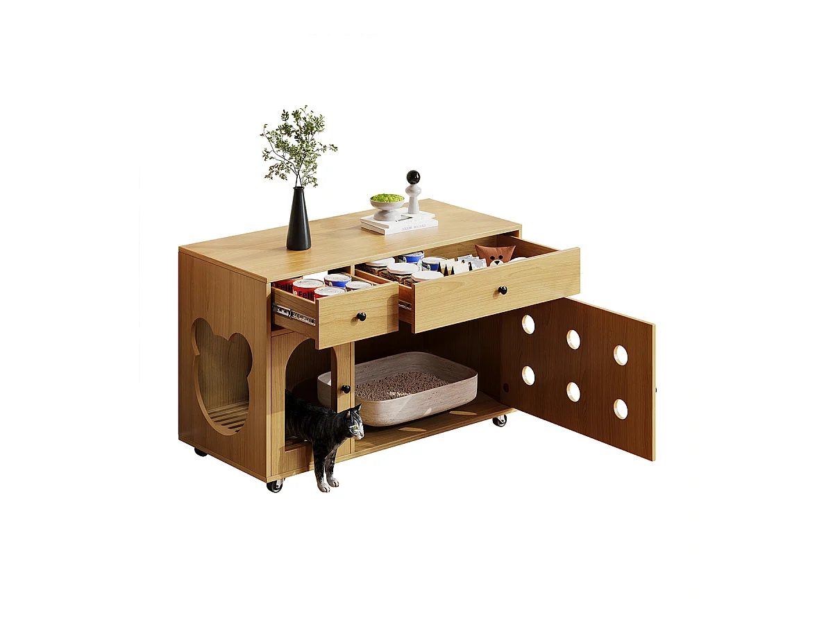 Katzenkloschrank mit abnehmbare Sandablassplatte Haustier-Schrank Katzenschrank Katzenhaus 100×45×66 cm Naturholzfarbe