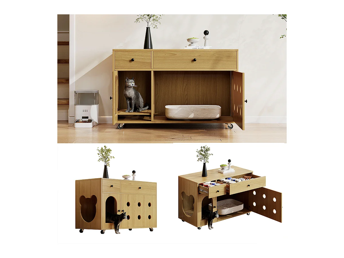 Katzenkloschrank mit abnehmbare Sandablassplatte Haustier-Schrank Katzenschrank Katzenhaus 100×45×66 cm Naturholzfarbe