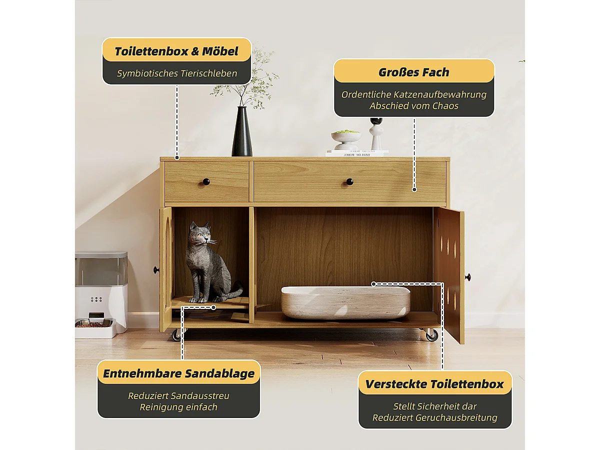 Katzenkloschrank mit abnehmbare Sandablassplatte Haustier-Schrank Katzenschrank Katzenhaus 100×45×66 cm Naturholzfarbe