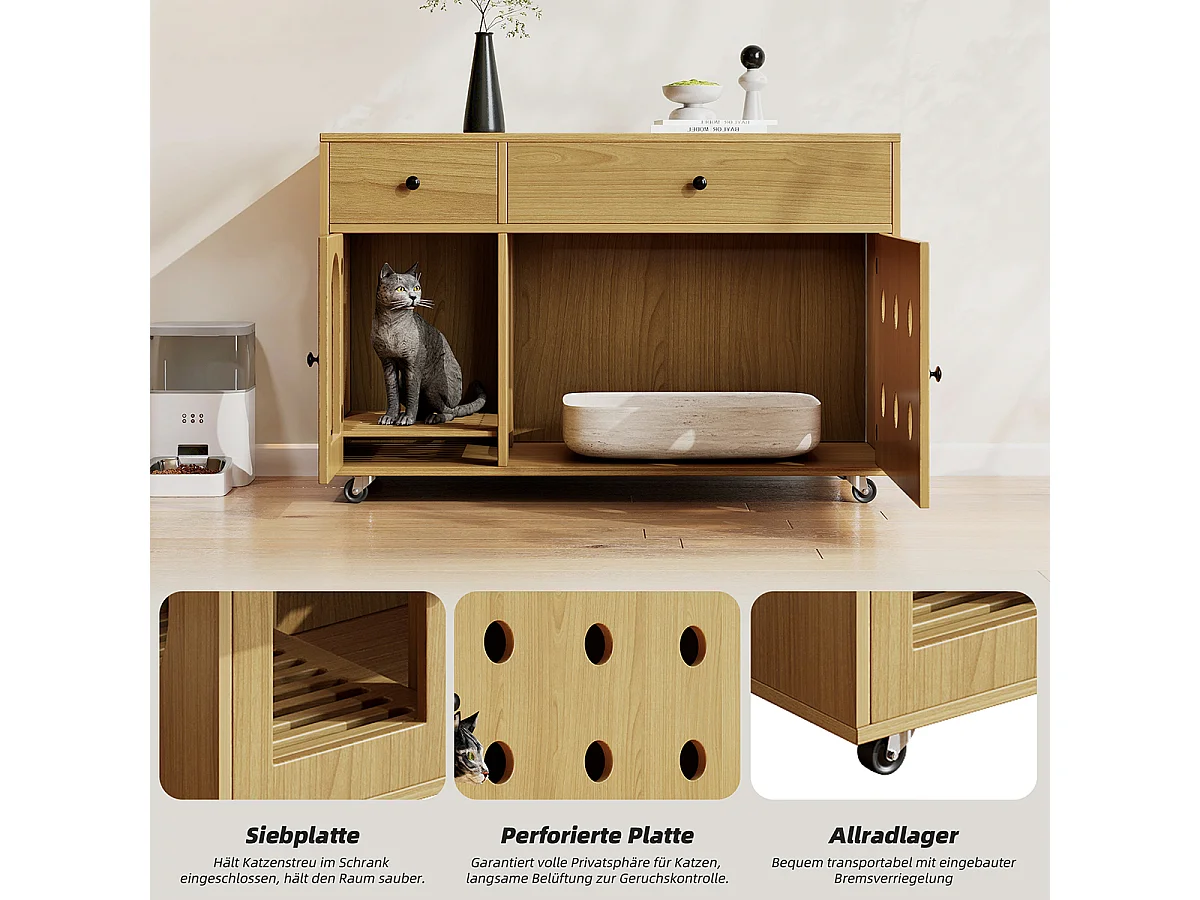 Katzenkloschrank mit abnehmbare Sandablassplatte Haustier-Schrank Katzenschrank Katzenhaus 100×45×66 cm Naturholzfarbe