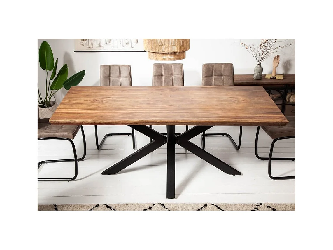 Table SOLARA 200 cm – Plateau en bois de Sheesham verni et pieds en métal noir – Style industriel
