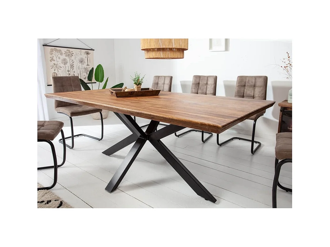 Table SOLARA 200 cm – Plateau en bois de Sheesham verni et pieds en métal noir – Style industriel