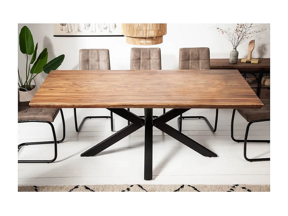 Table SOLARA 200 cm – Plateau en bois de Sheesham verni et pieds en métal noir – Style industriel