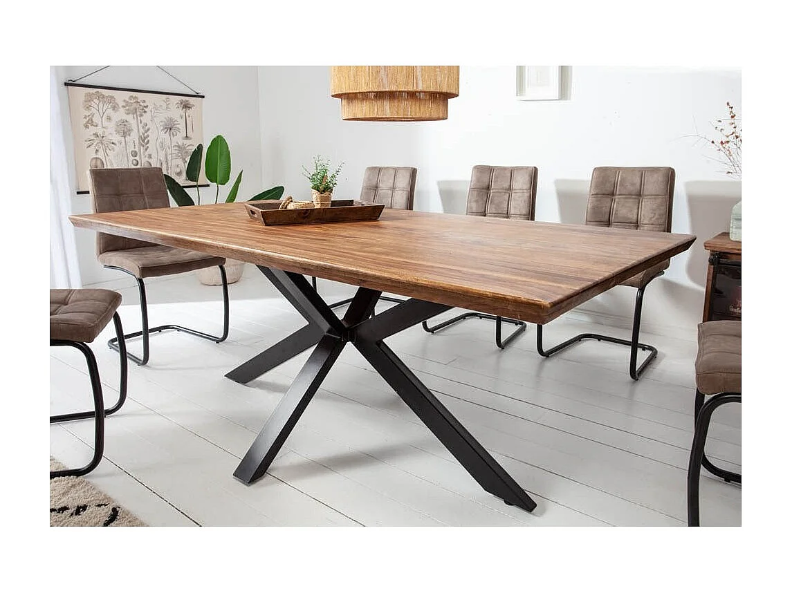 Table SOLARA 200 cm – Plateau en bois de Sheesham verni et pieds en métal noir – Style industriel