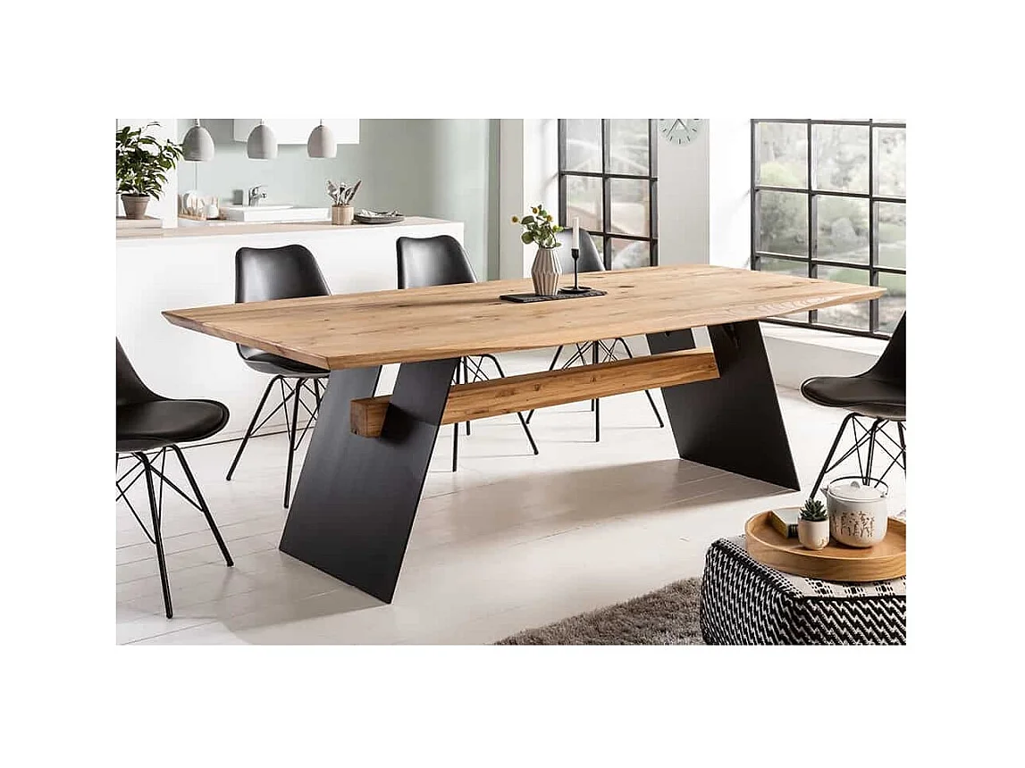 Table de salle à manger ZENTOR 240 cm – Plateau en chêne sauvage huilé et pieds métal noir – Esprit industriel élégant