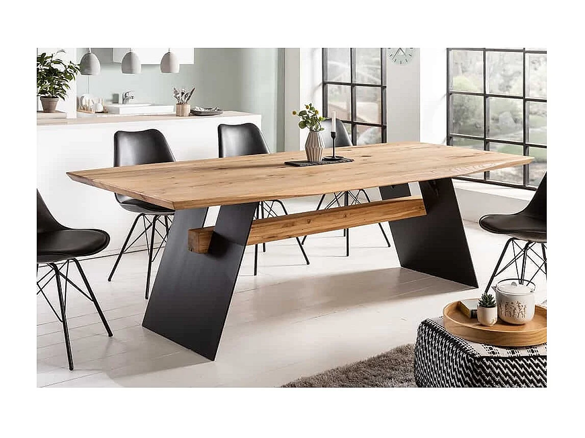 Table de salle à manger ZENTOR 240 cm – Plateau en chêne sauvage huilé et pieds métal noir – Esprit industriel élégant