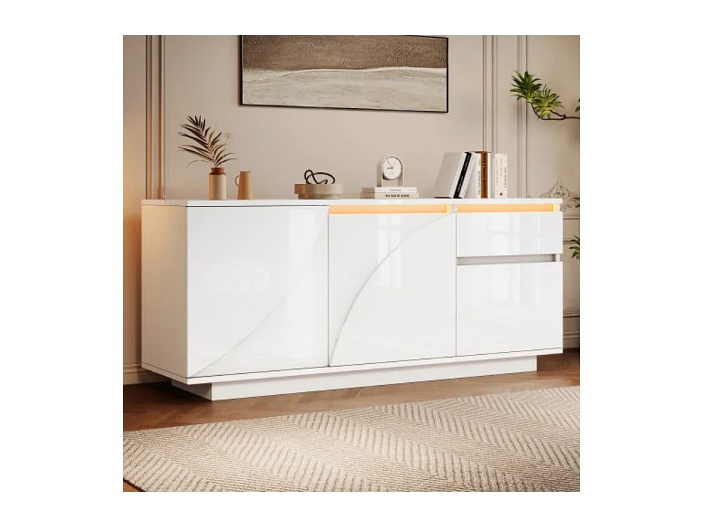 Sideboard, Seitenschrank mit 3 Schränken,kommode mit LED,Schränke mit verstellbaren Einlegeböden,Hochglanz-Wohnzimmerschrank,140*40*60cm
