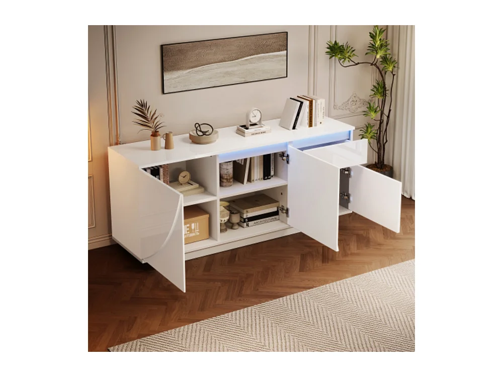 Sideboard, Seitenschrank mit 3 Schränken,kommode mit LED,Schränke mit verstellbaren Einlegeböden,Hochglanz-Wohnzimmerschrank,140*40*60cm