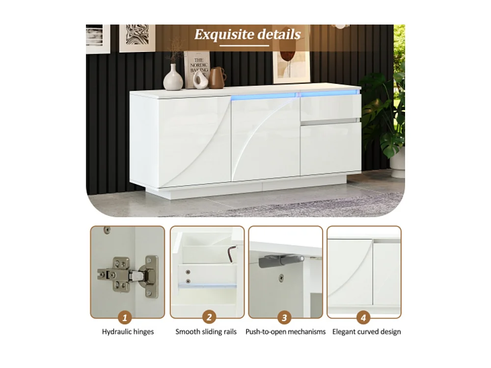 Sideboard, Seitenschrank mit 3 Schränken,kommode mit LED,Schränke mit verstellbaren Einlegeböden,Hochglanz-Wohnzimmerschrank,140*40*60cm