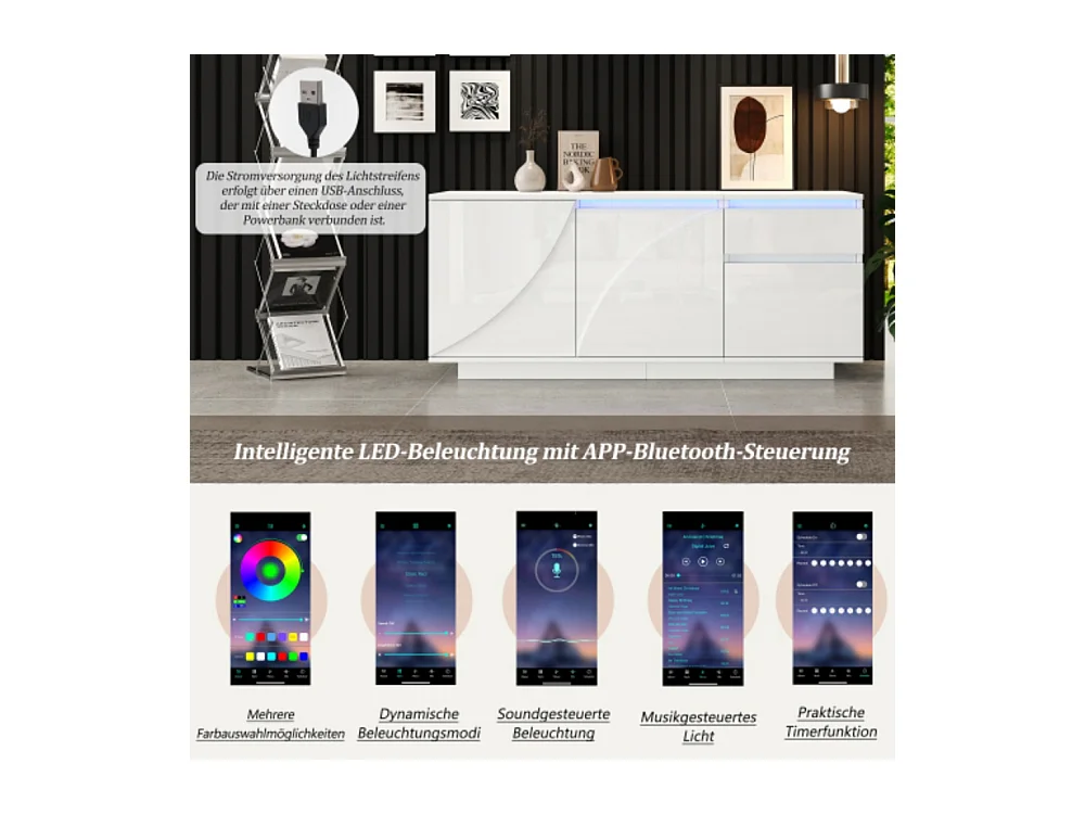 Sideboard, Seitenschrank mit 3 Schränken,kommode mit LED,Schränke mit verstellbaren Einlegeböden,Hochglanz-Wohnzimmerschrank,140*40*60cm