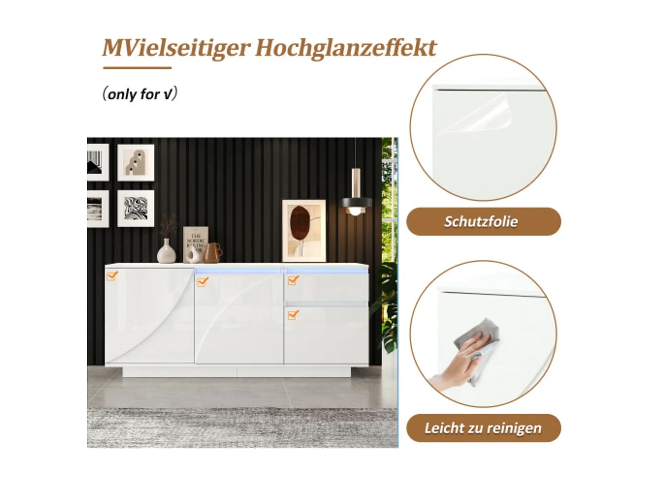 Sideboard, Seitenschrank mit 3 Schränken,kommode mit LED,Schränke mit verstellbaren Einlegeböden,Hochglanz-Wohnzimmerschrank,140*40*60cm